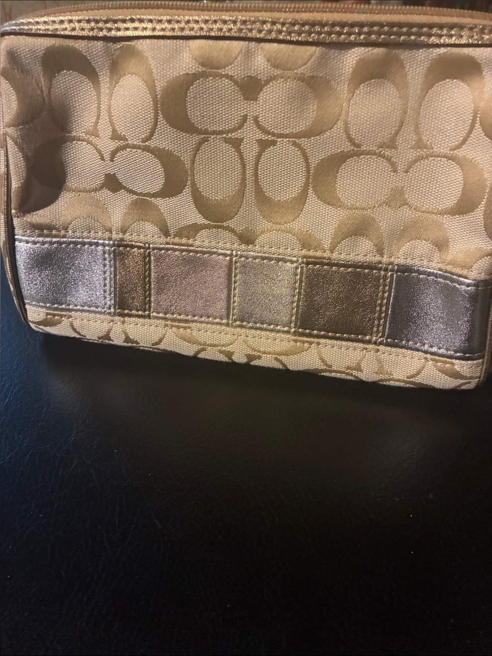 Coach Beige Signature Cosmetic Pouch with Metallic Gold Trim